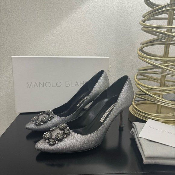 Manolo Blahnik Shoes - Manolo Blahnik Hangisi 70 Embellished Lamé Crystal Buckle Silver 38.5